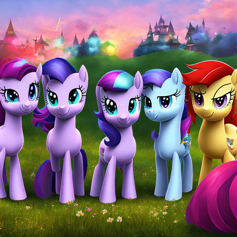 Colorful animated ponies in whimsical village sunset scene