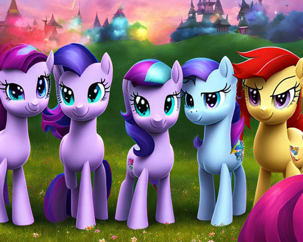 Colorful animated ponies in whimsical village sunset scene
