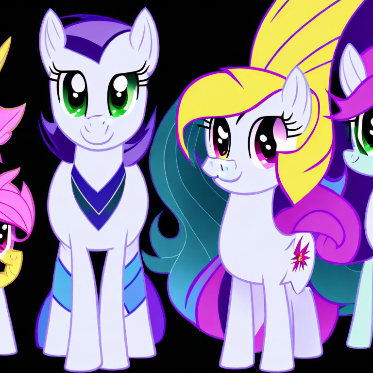Vibrant Animated Ponies with Expressive Eyes on Black Background