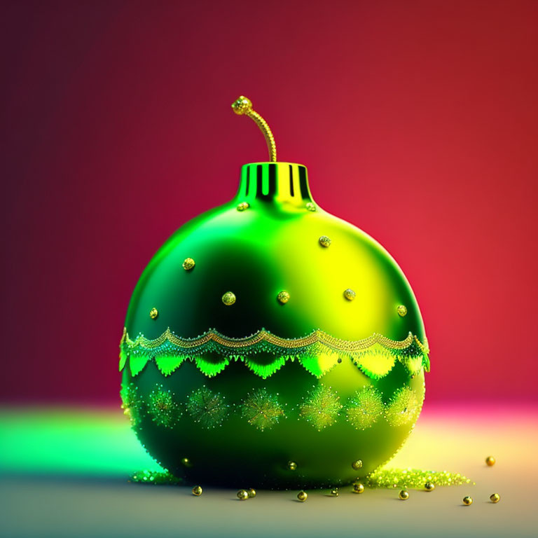 Green Christmas Ornament with Golden Accents on Red-Green Gradient Background
