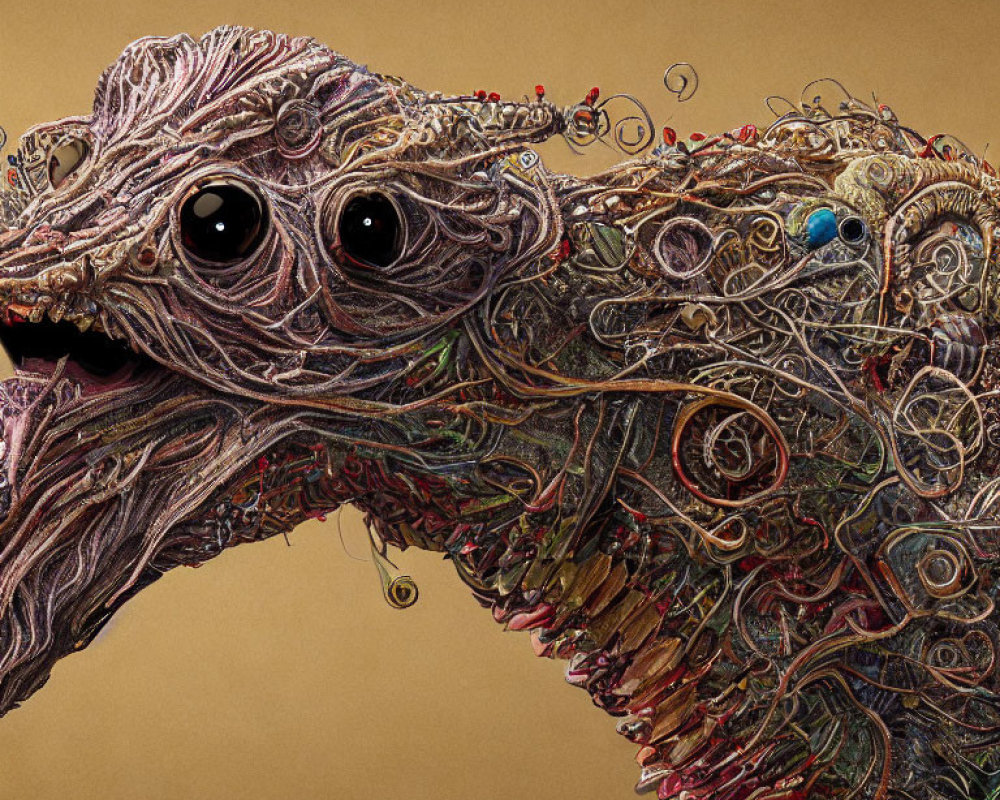 Colorful textured artwork of a fantastical creature with expressive eyes