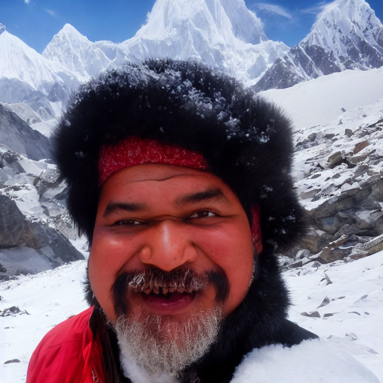 Smiling person in snow with fur hat and red bandana