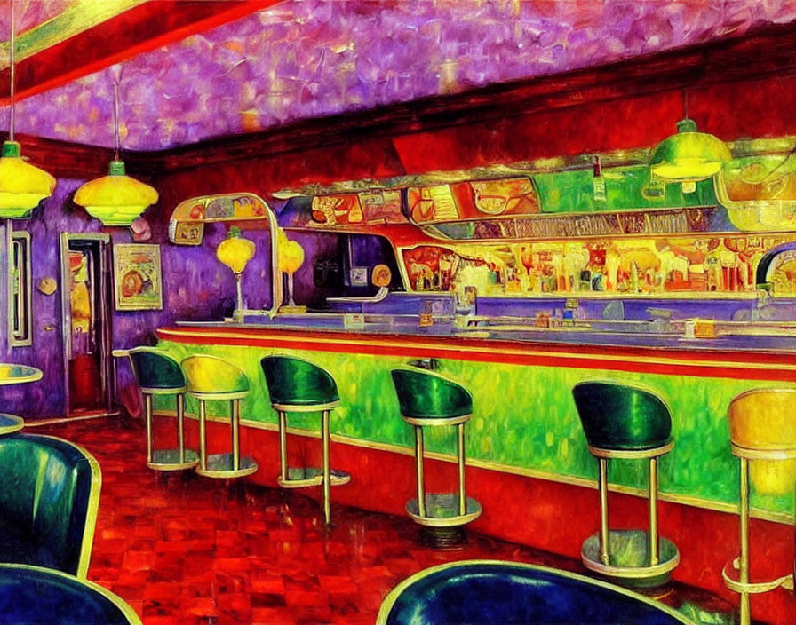 Vibrant interior painting with bar stools, counter, and pendant lamps