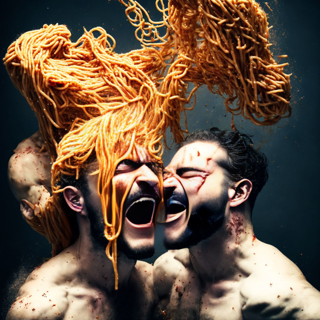 Two individuals with spaghetti noodles in the air on dark background