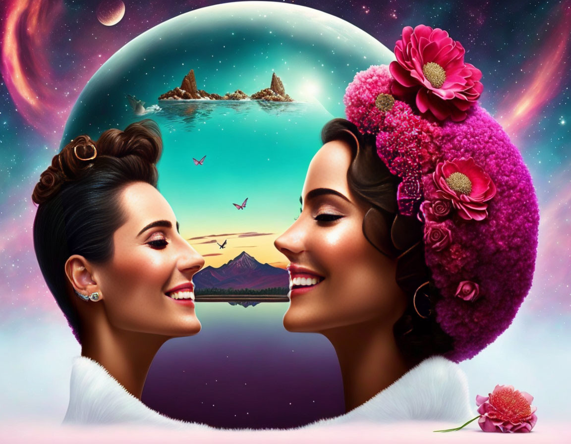Two Smiling Women with Floral Headpiece in Cosmic Setting