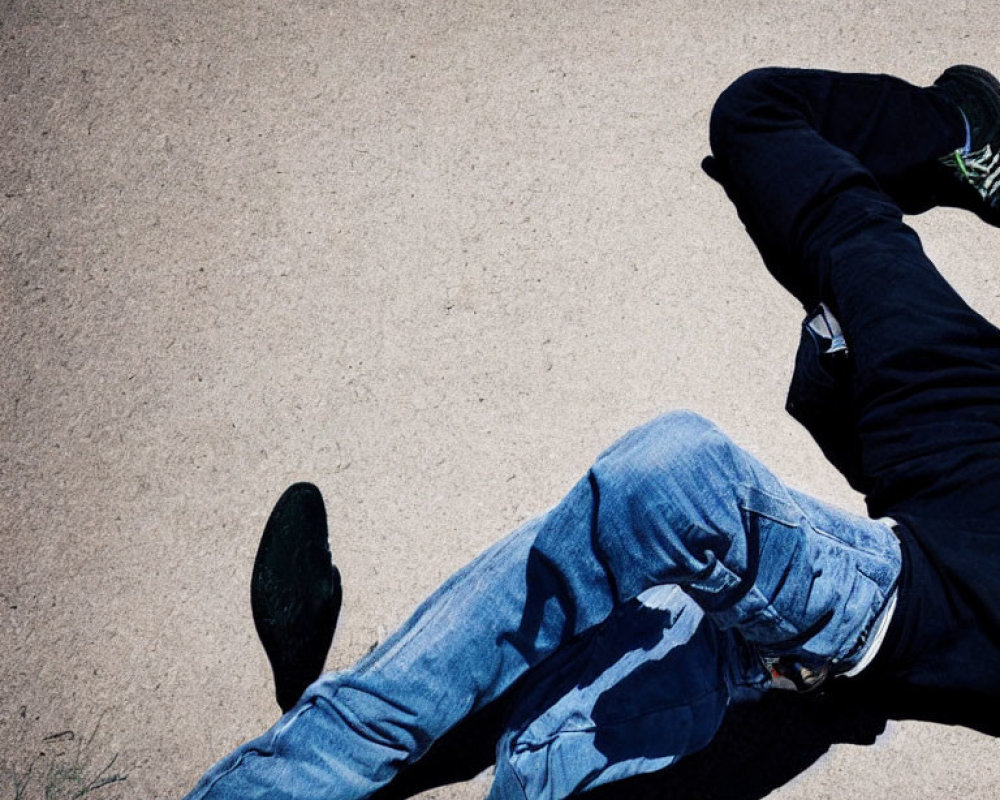 Person in jeans and dark top lying on ground, upper body out of frame