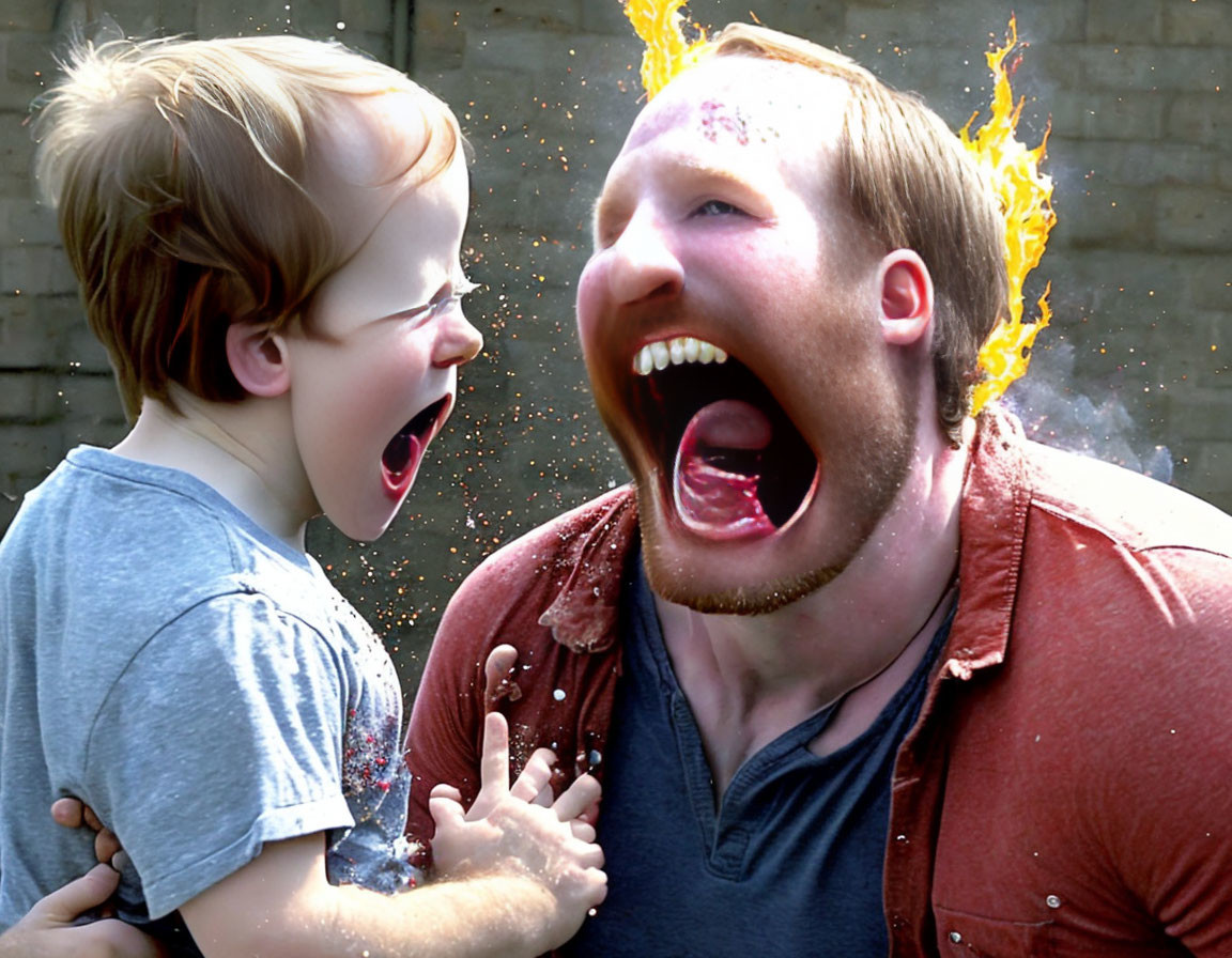 Child and man playfully scream with exaggerated expressions and orange liquid burst.
