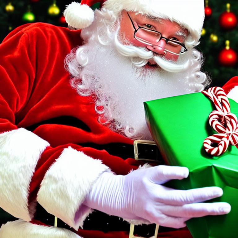 Santa Claus holding green gift in front of Christmas tree
