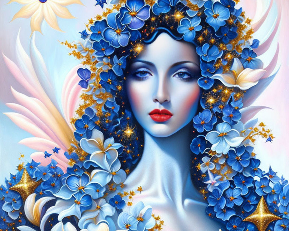 Artwork featuring woman's face with blue flowers and golden stars