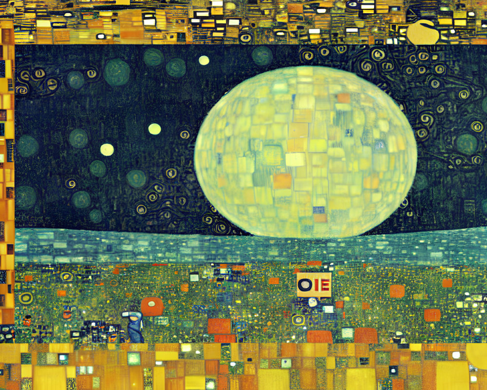 Colorful Mosaic Artwork Featuring Large Moon and Solitary Figure