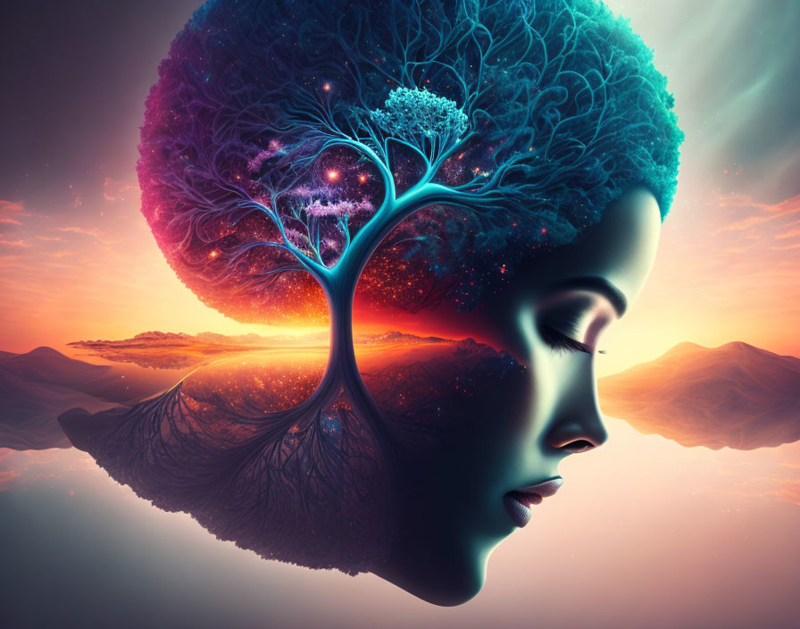 Surreal woman-tree profile with brain branches on cosmic mountain backdrop