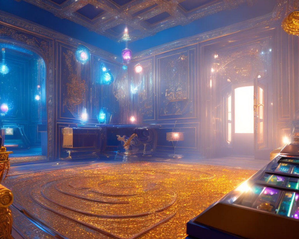 Opulent room with golden floors, blue walls, chandelier, orbs, and sunlight beams