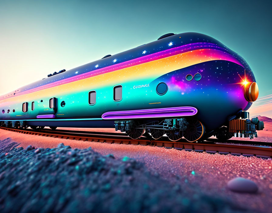 Futuristic cosmic-themed train with vibrant colors and glowing lights at twilight