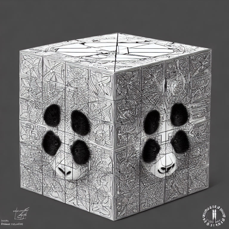 Intricate Line Art Cube with Panda Faces on Gray Background