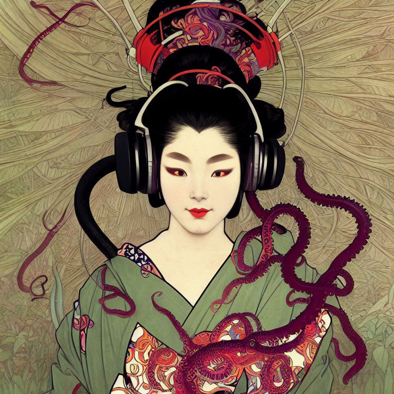 Geisha with headphones and octopus design illustration.