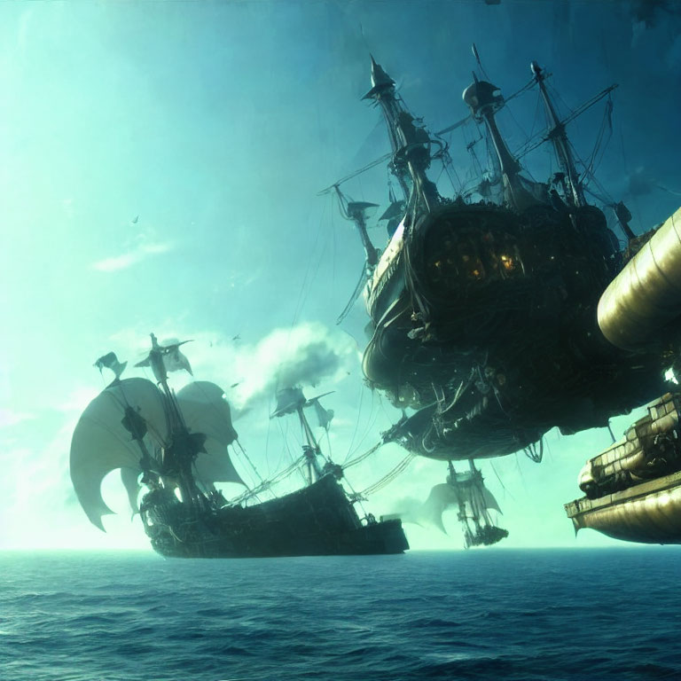 Fantastical mid-air battle between two large ships above the ocean