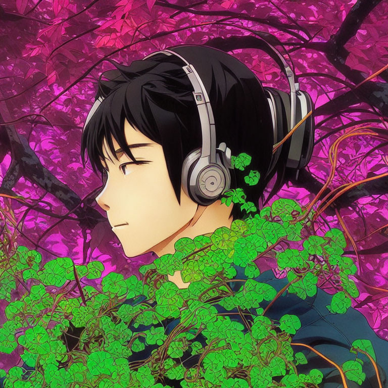 Tranquil anime character with headphones in lush green and pink setting