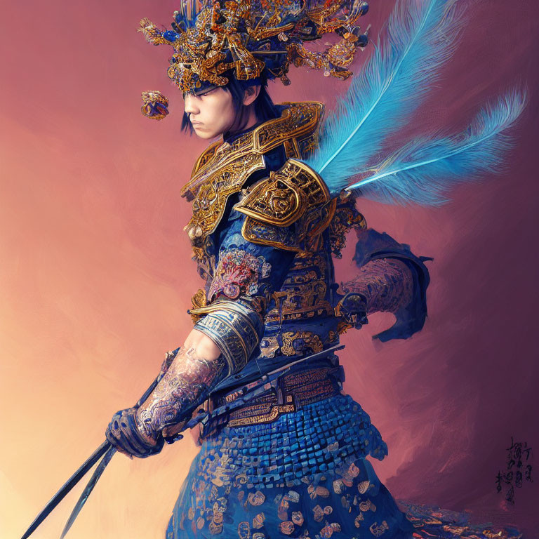 Detailed digital art of warrior in blue & gold armor with ornate helmet & feather accessory