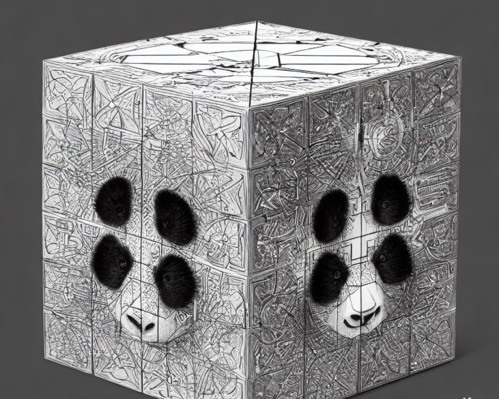 Intricate Line Art Cube with Panda Faces on Gray Background
