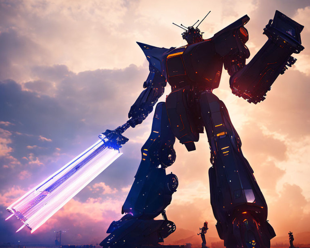 Giant robot with purple cannons in dramatic dusk setting