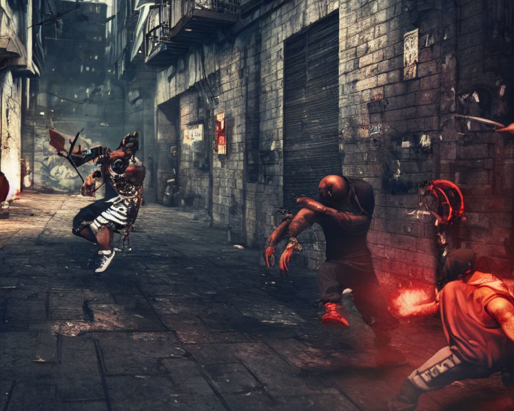 Post-apocalyptic urban alleyway battle with supernatural powers