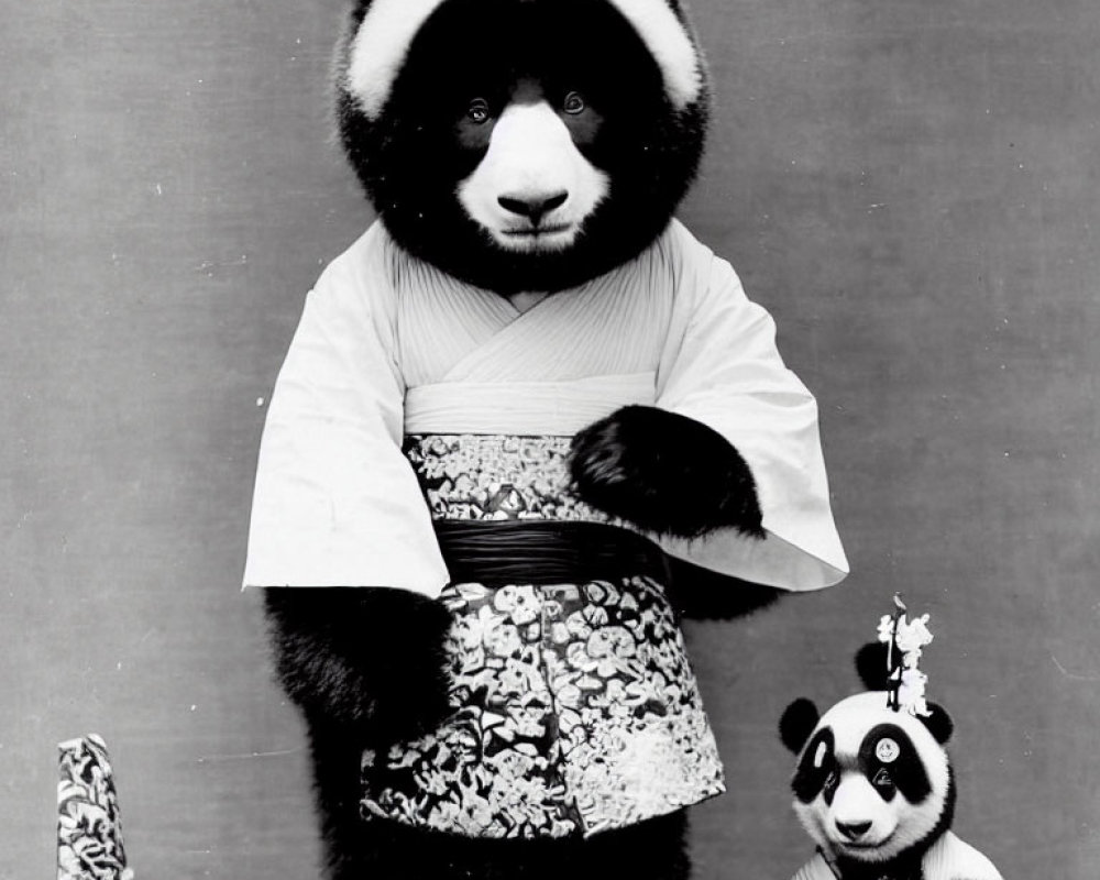 Surreal black-and-white image of person with panda head in kimono