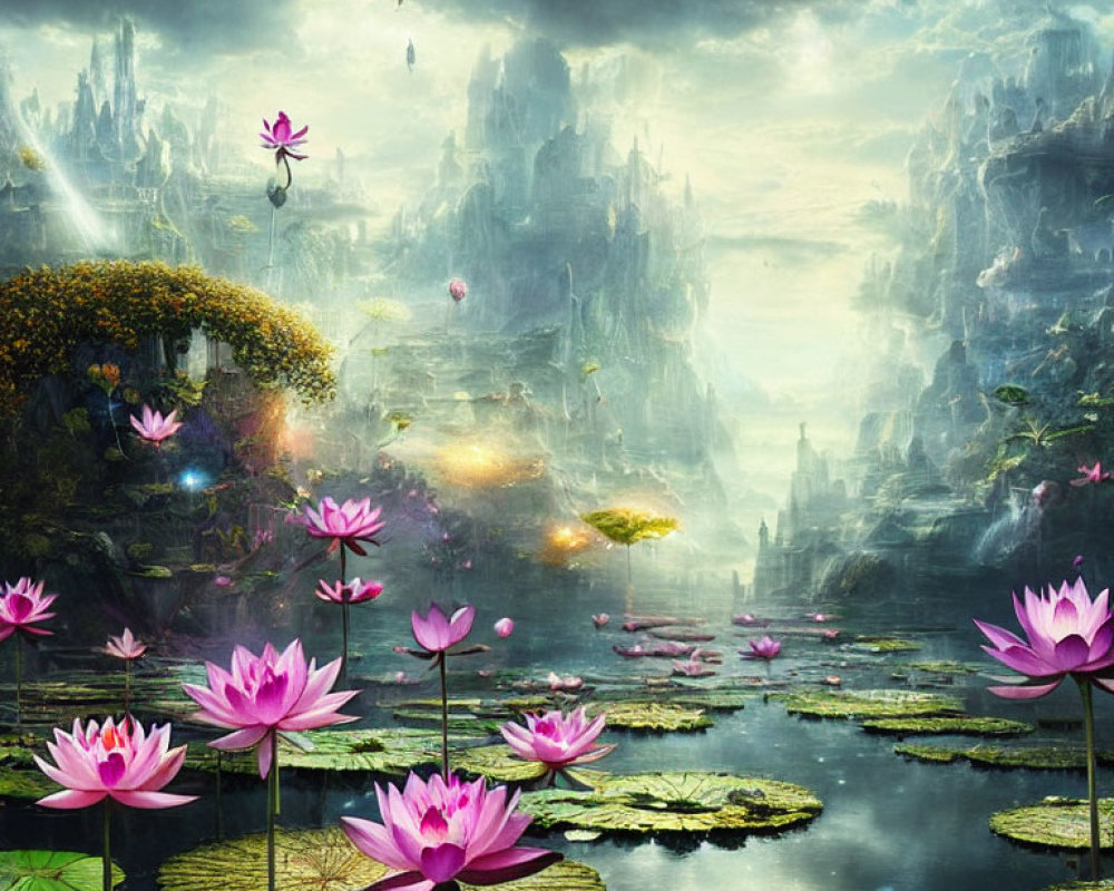 Mystical landscape with pink lotus flowers, floating lights, and towering rock formations