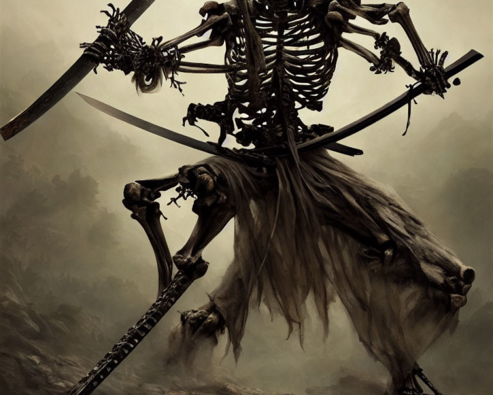 Skeletal figure with multiple swords in misty backdrop