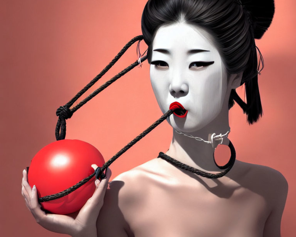 Stylized digital artwork of woman with geisha-like makeup and red ball on strings.