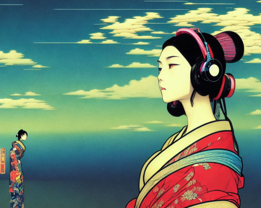 Illustration of two figures in Japanese attire against blue sky