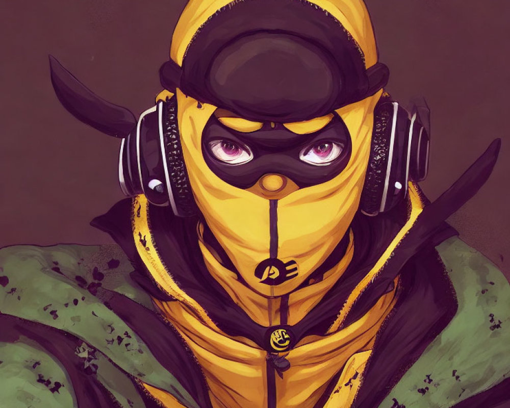 Yellow hazmat suit and gas mask with bee design and headphones illustration