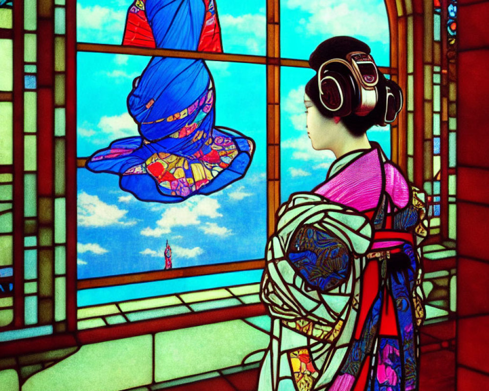 Colorful Kimono-Wearing Woman with Headphones and Vibrant Stained Glass Window