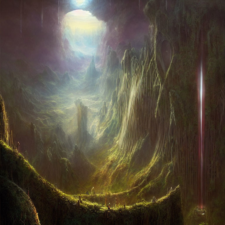Luminous waterfalls, jagged cliffs, and mystic light beam in fantastical landscape