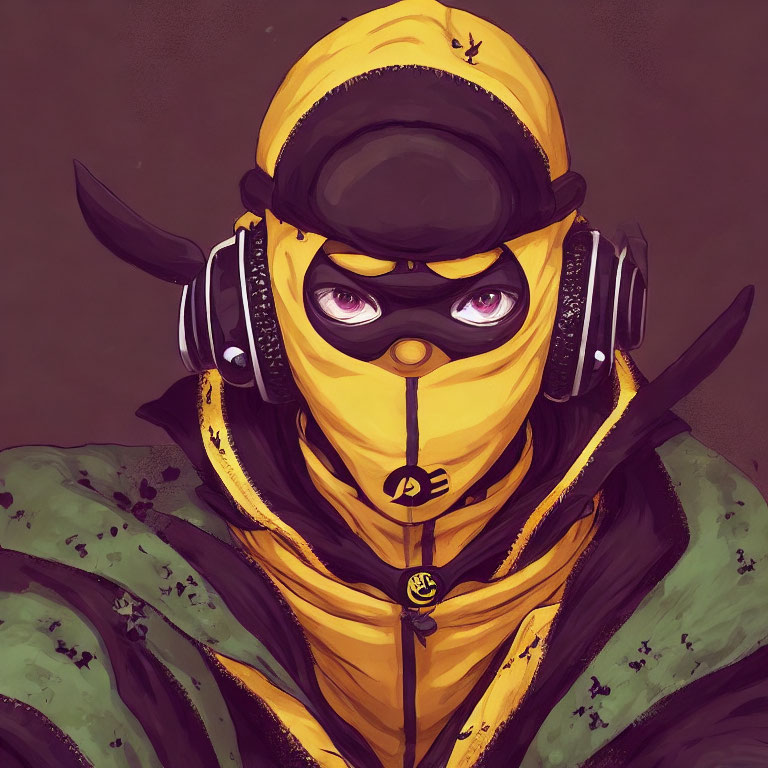 Yellow hazmat suit and gas mask with bee design and headphones illustration