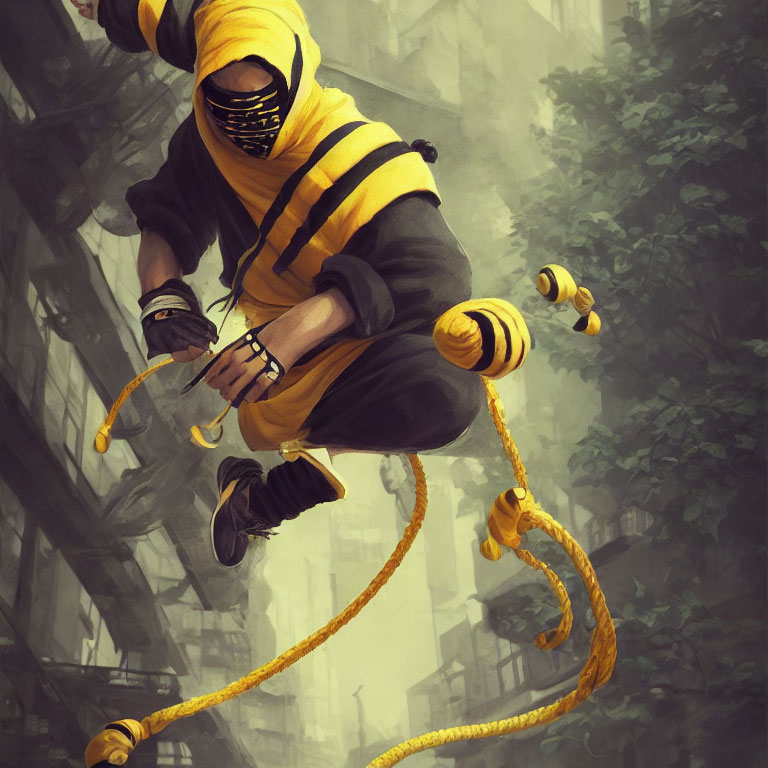 Stylized ninja illustration in black and yellow outfit leaping with rope dart weapon in urban setting.