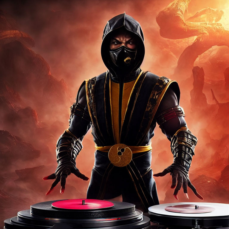 Ninja in black and gold costume DJing behind turntable