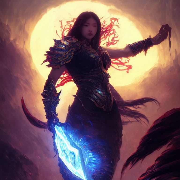Warrior woman in ornate armor with glowing blue shield under radiant sun