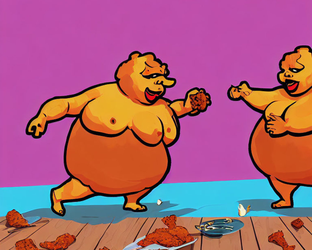 Cartoon bears dancing and eating fried chicken on wooden surface
