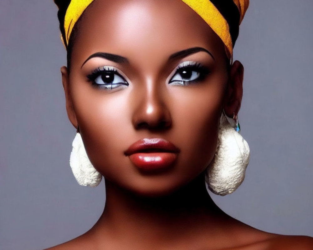 Woman with yellow headwrap, bold eyeliner, and circular earrings on gray background