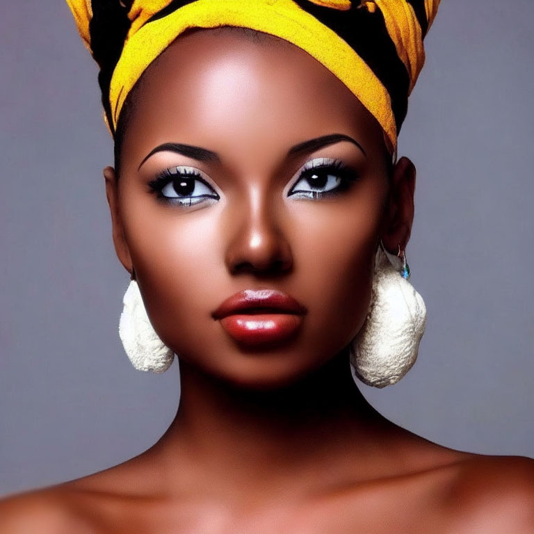 Woman with yellow headwrap, bold eyeliner, and circular earrings on gray background