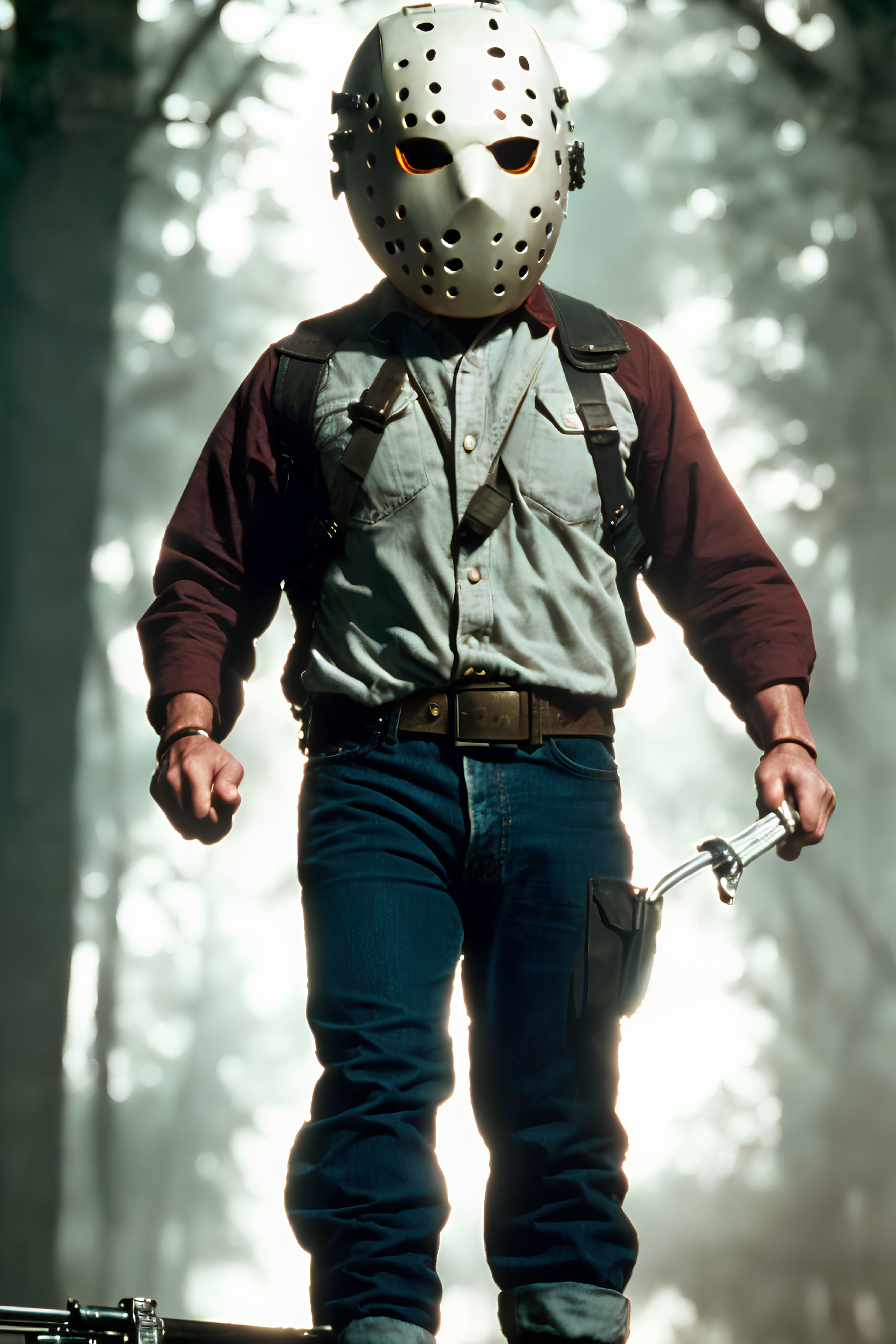 Person in hockey mask with knife in foggy forest symbolizes menace
