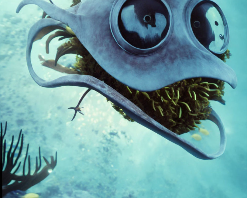 Whimsical underwater creature with big eyes and tentacles in aquatic setting
