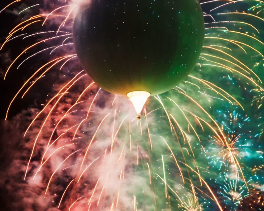 Green Christmas ornament hanging under colorful fireworks on night sky