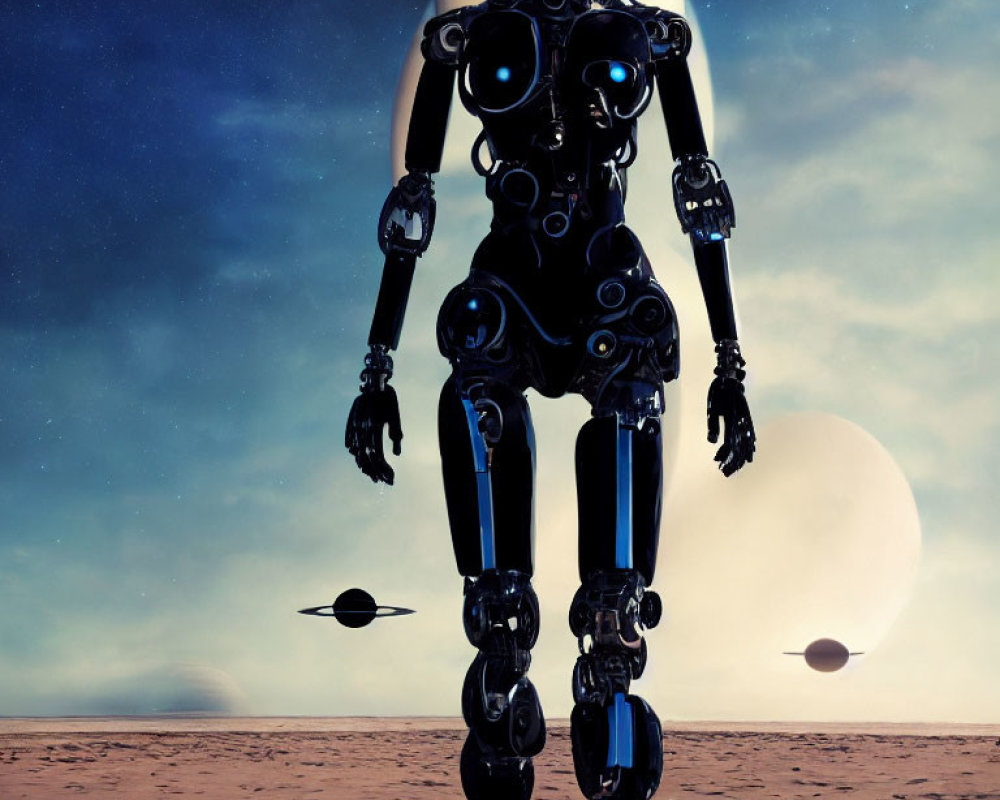 Humanoid robot on alien planet with large planets and moons in dusky sky