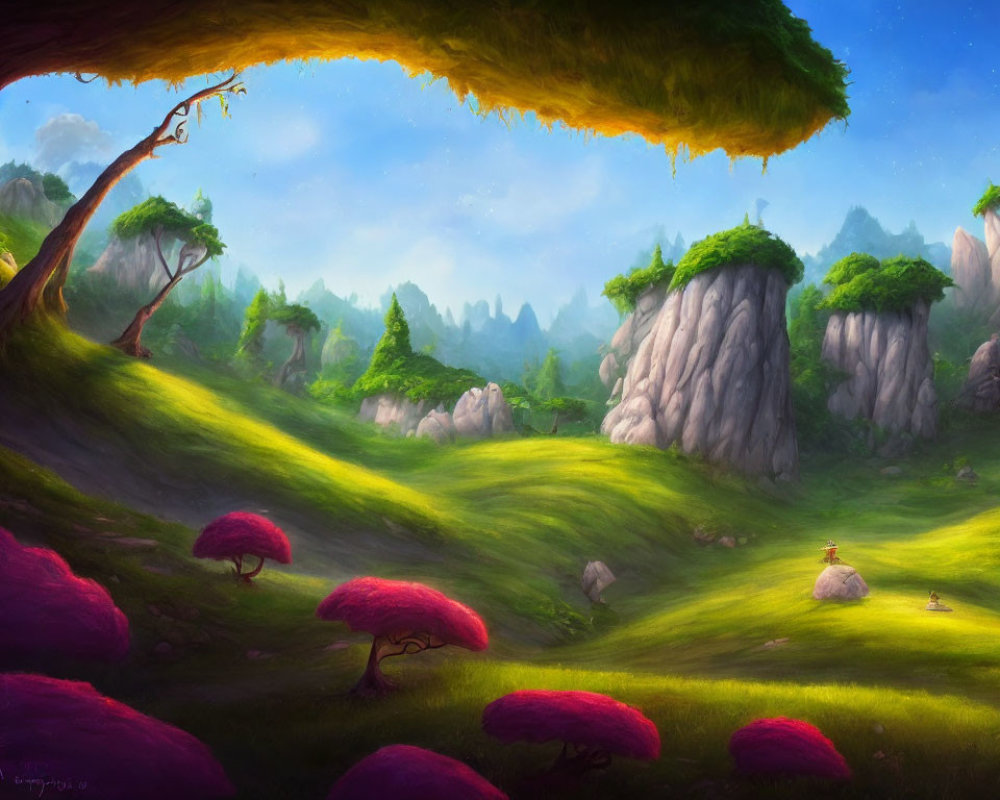 Colorful fantasy landscape with pink-topped trees and rocky outcrops