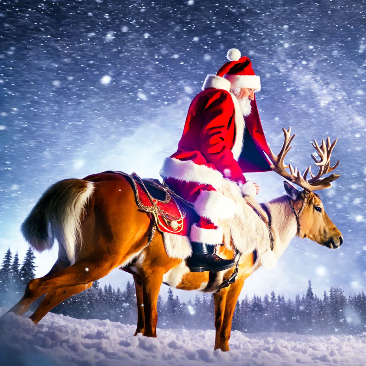 Santa Claus Riding Reindeer in Snowy Night Sky