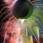 Green Christmas ornament hanging under colorful fireworks on night sky