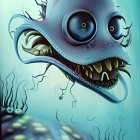 Whimsical underwater creature with big eyes and tentacles in aquatic setting