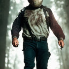 Person in hockey mask with knife in foggy forest symbolizes menace