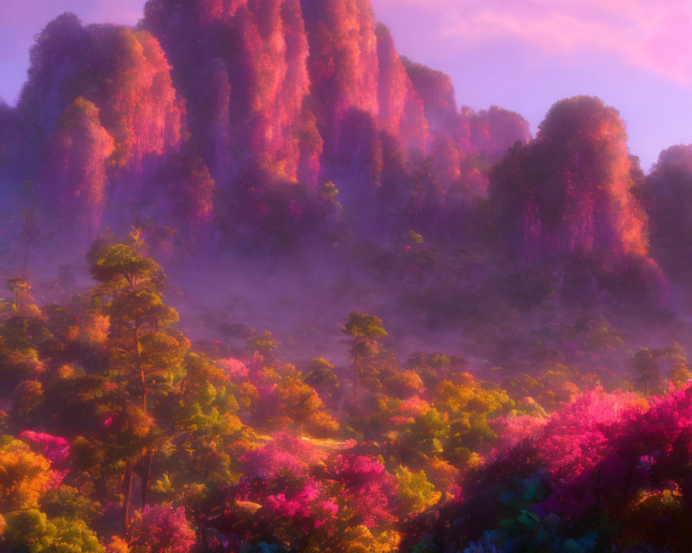 Vibrant Purple Mountains and Mystical Landscape with Glowing Pink Foliage
